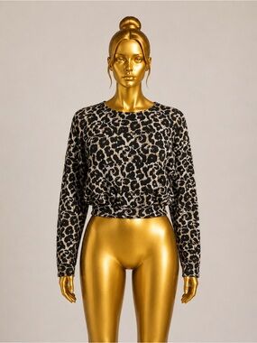 Zara Leopard Print Cropped Knit Sweater Long Sleeve Size Medium